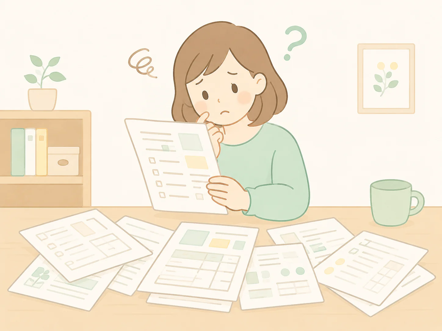 紙のおたよりが多く、どこに何が書いてあるか探している保護者のイメージ